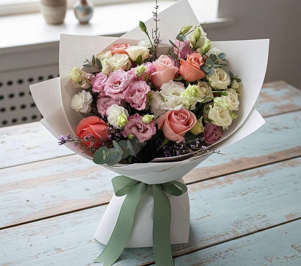 Букет цветов из: Розы, Лизиантусы и Гвоздики в Стальском