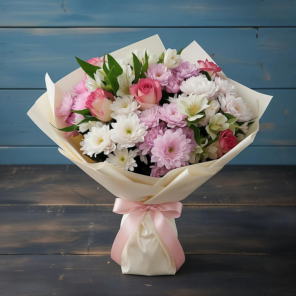 Букет цветов из: Хризантемы, Альстромерии и Розы в Стальском